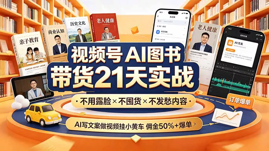 视频号AI图书带货21天实战:不用露脸×不囤货×不发愁内容,AI写文案做视频挂小黄车,佣金50%+爆单 视频号AI图书带货21天实战:不用露脸×不囤货×不发愁内容,AI写文案做视频挂小黄车,佣金50%+爆单