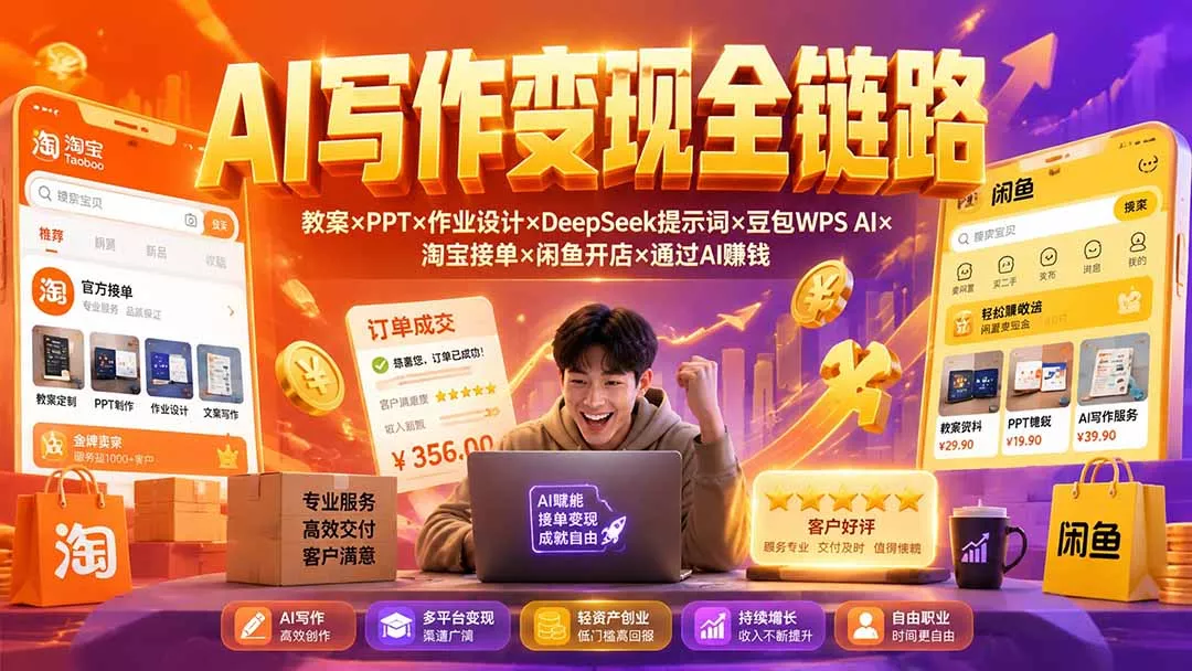 2026AI写作变现全链路：教案×PPT×作业设计×DeepSeek提示词×豆包WPS AI×淘宝接单×闲鱼开店×通过AI賺钱