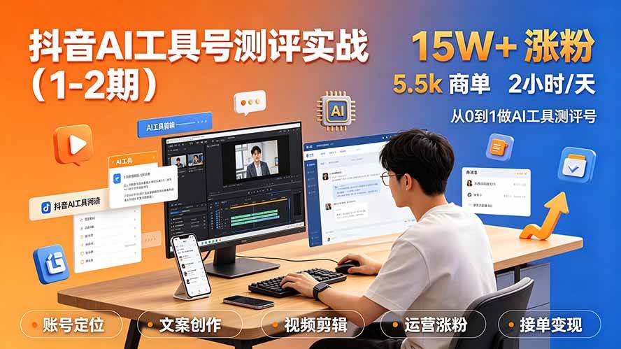 （19380期）抖音AI工具号测评实战（1-2期）：单号涨粉15W+×商单5.5k×伙伴计划×普通人可复制，每天2小时长期可持续