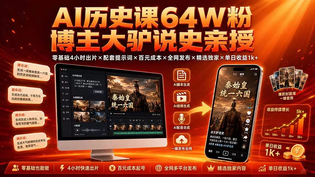 AI历史课64W粉博主大驴说史亲授：零基础4小时出片×配套提示词×百元成本×全网发布×精选独家×单日收益1k+