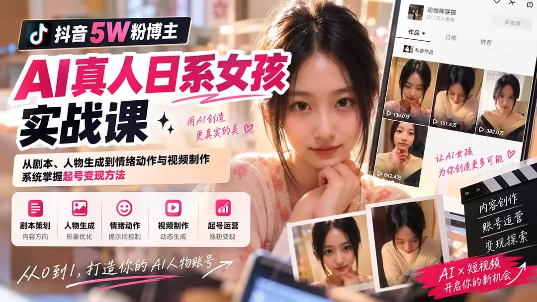 抖音5W粉博主AI真人日系女孩实战课:从剧本、人物生成到情绪动作与视频制作,系统掌握起号变现方法 抖音5W粉博主AI真人日系女孩实战课:从剧本、人物生成到情绪动作与视频制作,系统掌握起号变现方法