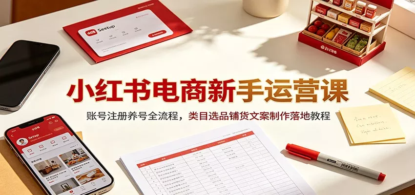 小红书电商新手运营课：账号注册养号全流程，类目选品铺货文案制作落地教程