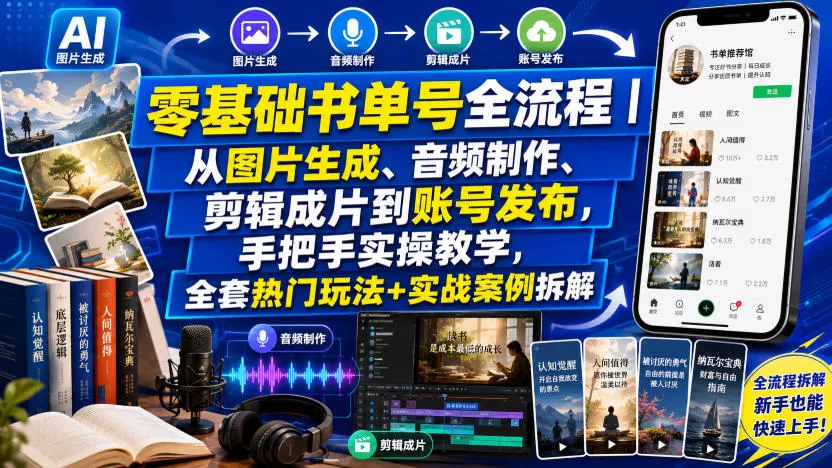 零基础书单号全流程｜从图片生成、音频制作、剪辑成片到账号发布，手把手实操教学，全套热门玩法+实战案例拆解