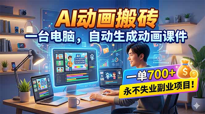 AI动画搬砖，一台电脑，自动生成动画课件，一单800+ 永不失业副业项目！