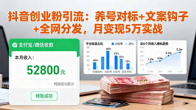 抖音创业粉引流:养号对标+文案钩子+全网分发,月变现5万实战