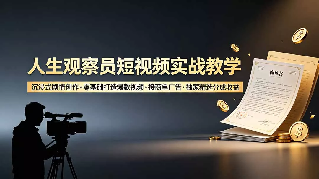 人生观察员短视频实战教学，沉浸式剧情创作，零基础打造爆款视频，接商单广告，独家精选分成收益
